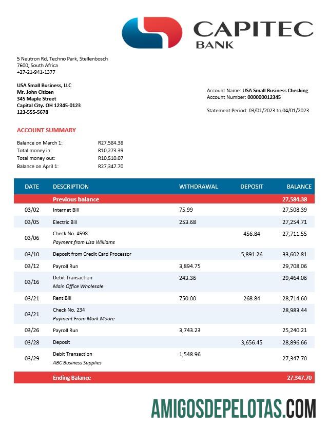 Baixável Capitec Bank Firm modelo de extrato de conta Word e PDF